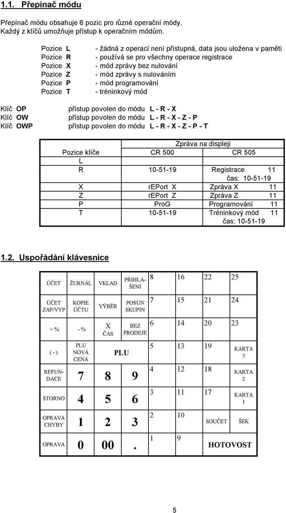 zprá vy s nulová ním - mó d programová ní - tréninkový mó d Klíč OP Klíč OW Klíč OWP přístup povolen do mó du L - R - X přístup povolen do mó du L - R - X - Z - P přístup povolen do mó du L - R - X -