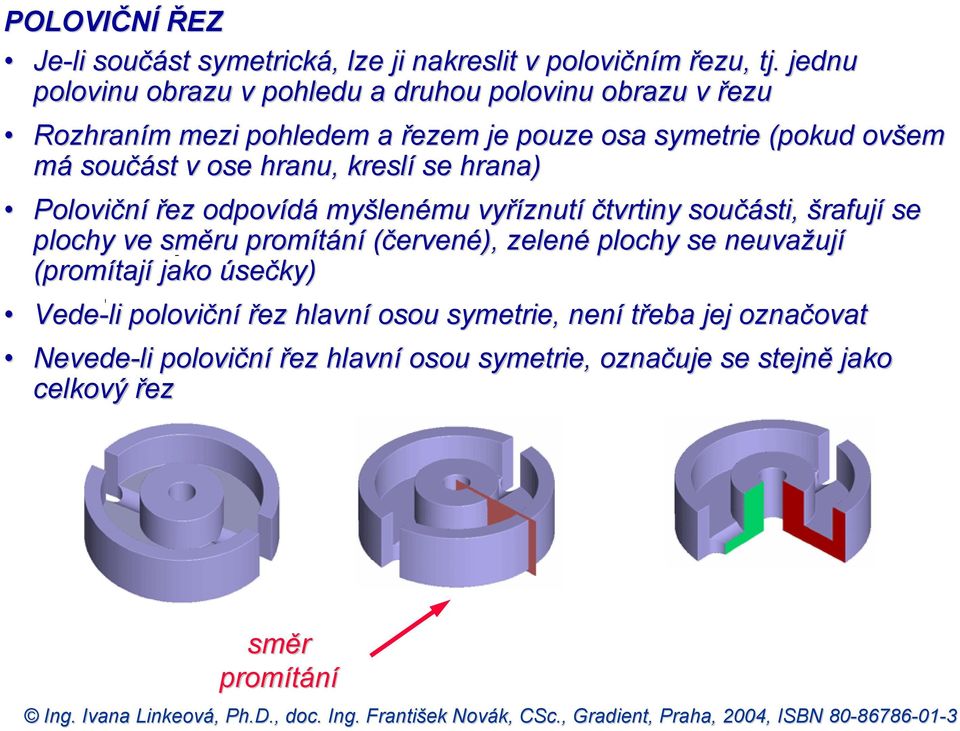 v ose hranu, kreslí se hrana) Poloviční řez odpovídá myšlenému vyříznutí čtvrtiny součásti, šrafují se plochy ve směru promítání (červené),