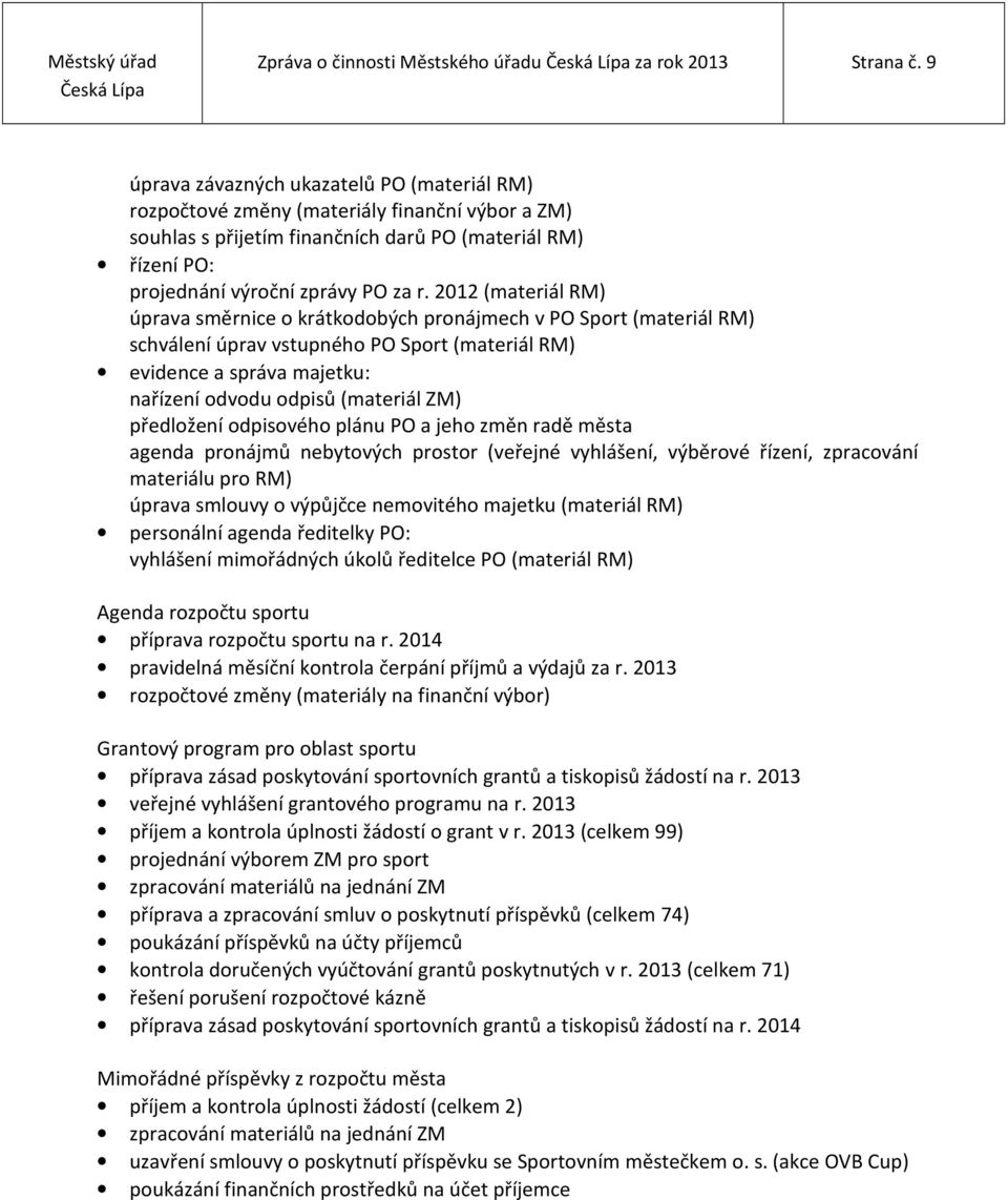 2012 (materiál RM) úprava směrnice o krátkodobých pronájmech v PO Sport (materiál RM) schválení úprav vstupného PO Sport (materiál RM) evidence a správa majetku: nařízení odvodu odpisů (materiál ZM)