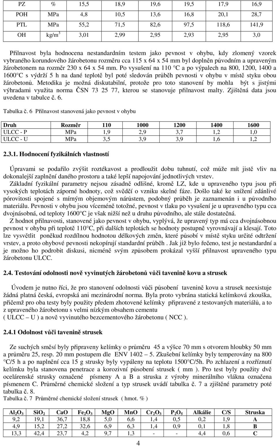 Po vysušení na 110 C a po výpalech na 800, 1200, 1400 a 1600 C s výdrží 5 h na dané teplotě byl poté sledován průběh pevnosti v ohybu v místě styku obou žárobetonů.