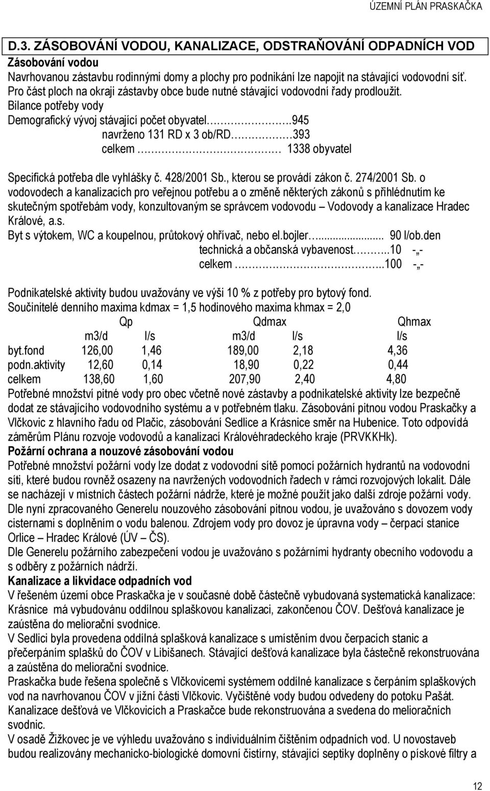 945 navrženo 131 RD x 3 ob/rd 393 celkem 1338 obyvatel Specifická potřeba dle vyhlášky č. 428/2001 Sb., kterou se provádí zákon č. 274/2001 Sb.