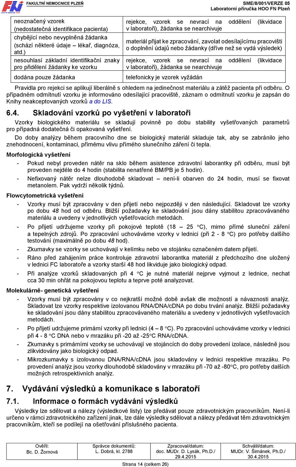 ke zpracování, zavolat odesílajícímu pracovišti o doplnění údajů nebo žádanky (dříve než se vydá výsledek) rejekce, vzorek se nevrací na oddělení (likvidace v laboratoři), žádanka se nearchivuje