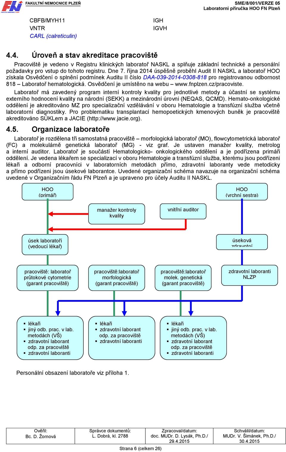 října 2014 úspěšně proběhl Audit II NASKL a laboratoř HOO získala Osvědčení o splnění podmínek Auditu II číslo DAA-039-2014-0308-818 pro registrovanou odbornost 818 Laboratoř hematologická.