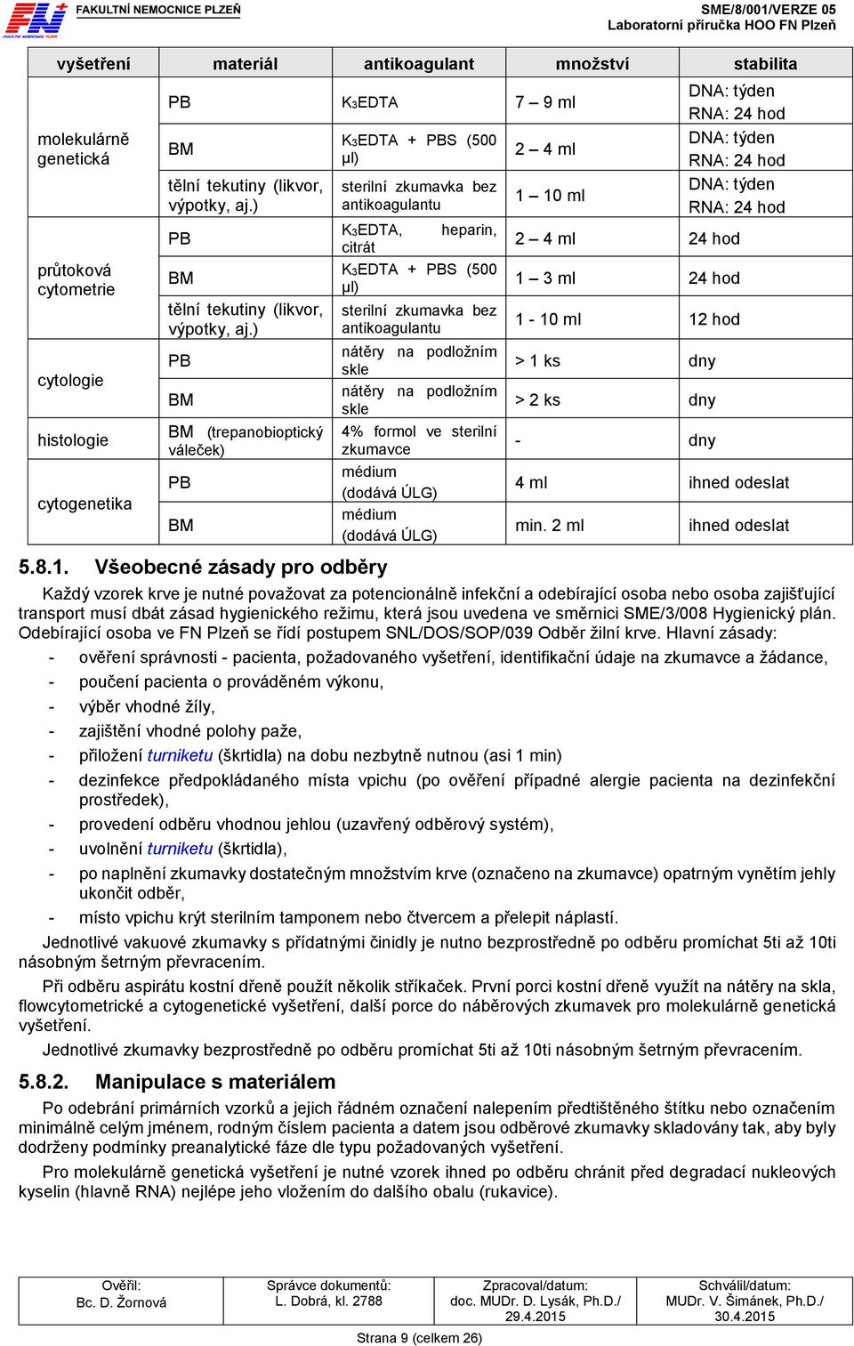 Všeobecné zásady pro odběry K3EDTA + PBS (500 µl) sterilní zkumavka bez antikoagulantu K3EDTA, heparin, citrát K3EDTA + PBS (500 µl) sterilní zkumavka bez antikoagulantu nátěry na podložním skle