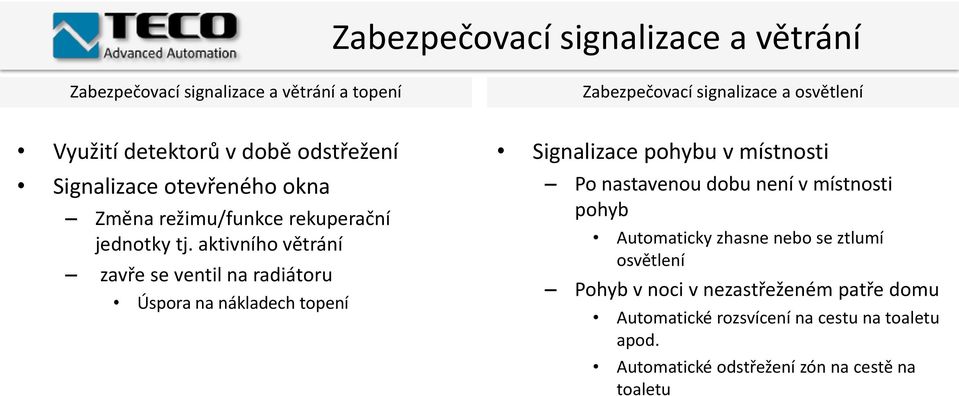 aktivního větrání zavře se ventil na radiátoru Úspora na nákladech topení Signalizace pohybu v místnosti Po nastavenou dobu není v