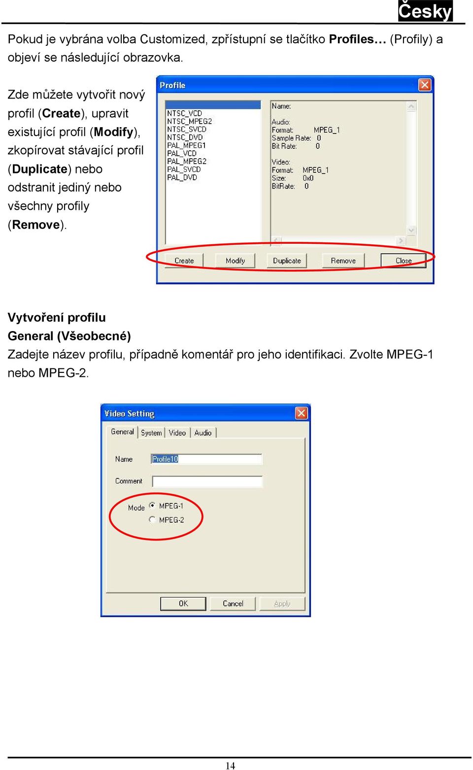 Zde můžete vytvořit nový profil (Create), upravit existující profil (Modify), zkopírovat stávající