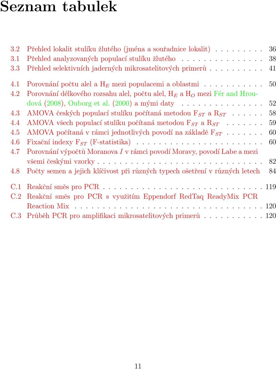 2 Porovnání délkového rozsahu alel, počtu alel, H E a H O mezi Fér and Hroudová (2008), Ouborg et al. (2000) a mými daty............... 52 4.