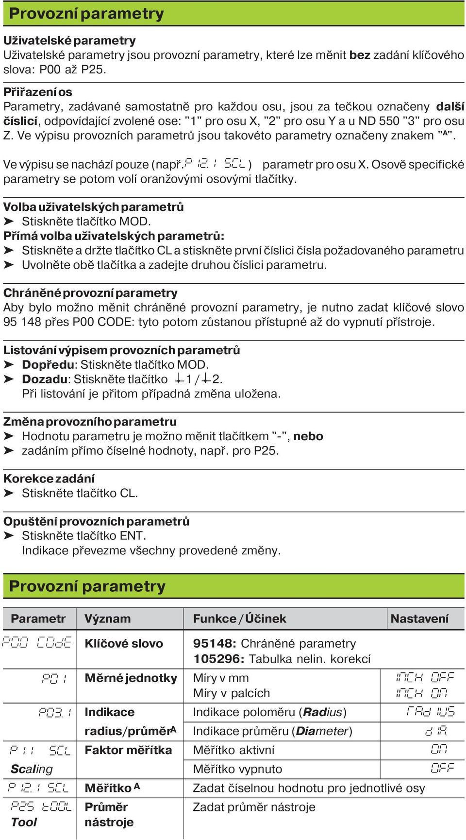 Ve výpisu provozn ch parametrů jsou takovéto parametry označeny znakem " A ". Ve výpisu se nacház pouze (např. ) parametr pro osu X.