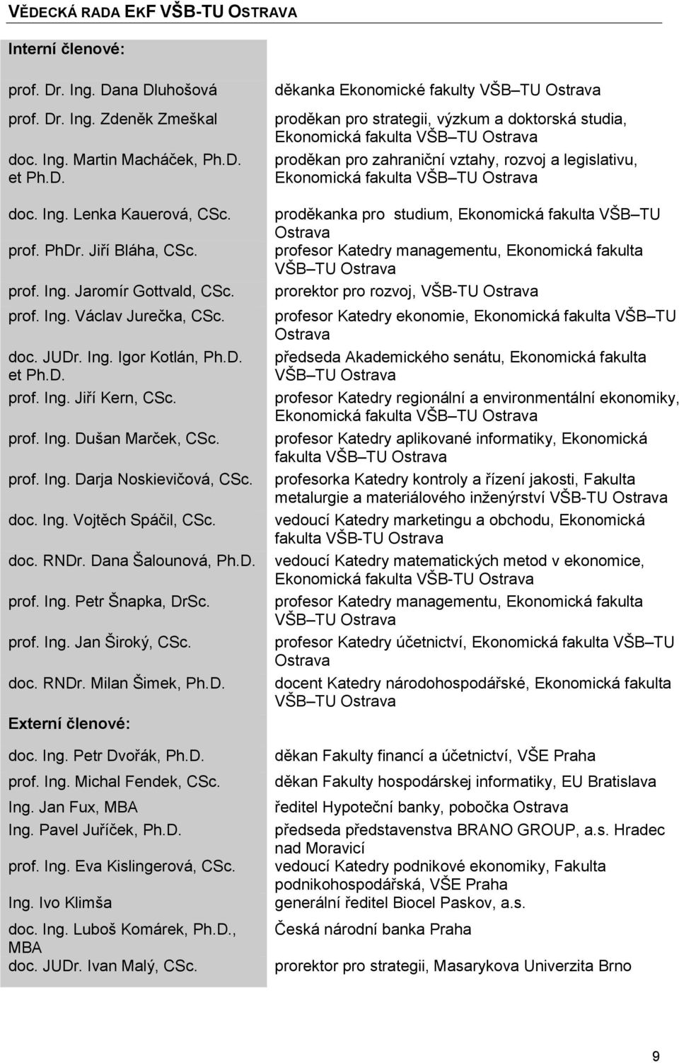 doc. Ing. Vojtěch Spáčil, CSc. doc. RNDr. Dana Šalounová, Ph.D. prof. Ing. Petr Šnapka, DrSc. prof. Ing. Jan Široký, CSc. doc. RNDr. Milan Šimek, Ph.D. Externí členové: doc. Ing. Petr Dvořák, Ph.D. prof. Ing. Michal Fendek, CSc.