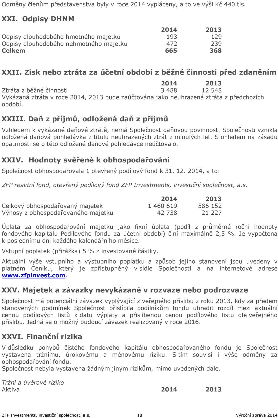 Zisk nebo ztráta za účetní období z běžné činnosti před zdaněním Ztráta z běžné činnosti 3 488 12 548 Vykázaná ztráta v roce 2014, 2013 bude zaúčtována jako neuhrazená ztráta z předchozích období.