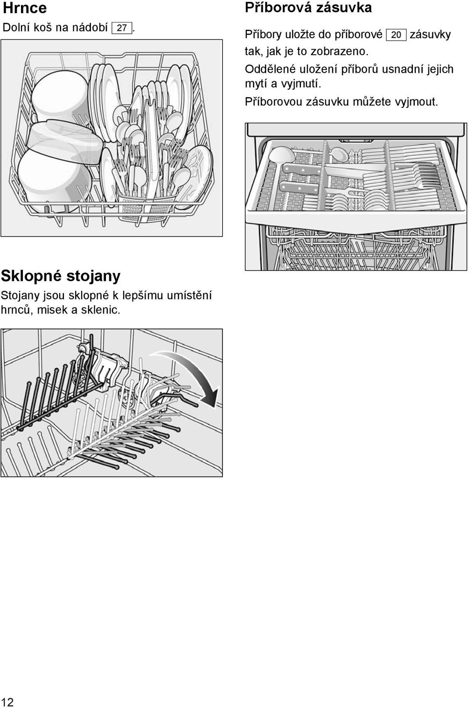 zobrazeno. Oddělené uložení příborů usnadní jejich mytí a vyjmutí.