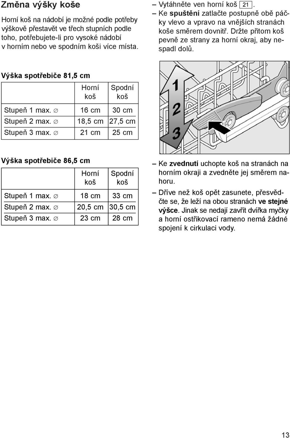 Výška spotřebiče 81,5 cm Horní Spodní koš koš Stupeň 1 max. 16 cm 30 cm Stupeň 2 max. 18,5 cm 27,5 cm Stupeň 3 max. 21 cm 25 cm Výška spotřebiče 86,5 cm Horní Spodní koš koš Stupeň 1 max.