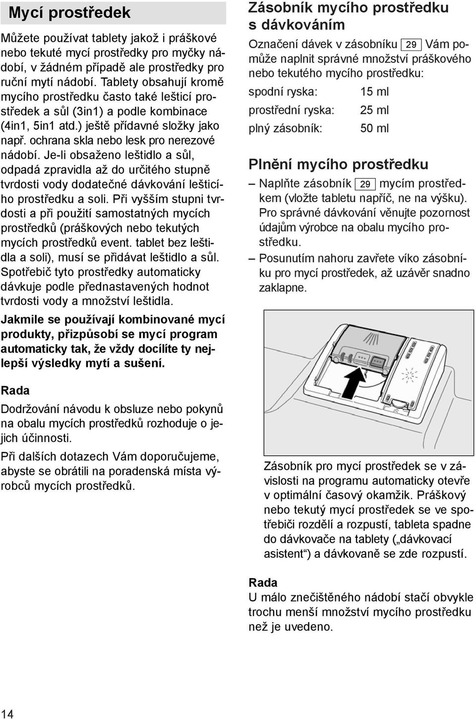 Je-li obsaženo leštidlo a sůl, odpadá zpravidla až do určitého stupně tvrdosti vody dodatečné dávkování lešticího prostředku a soli.