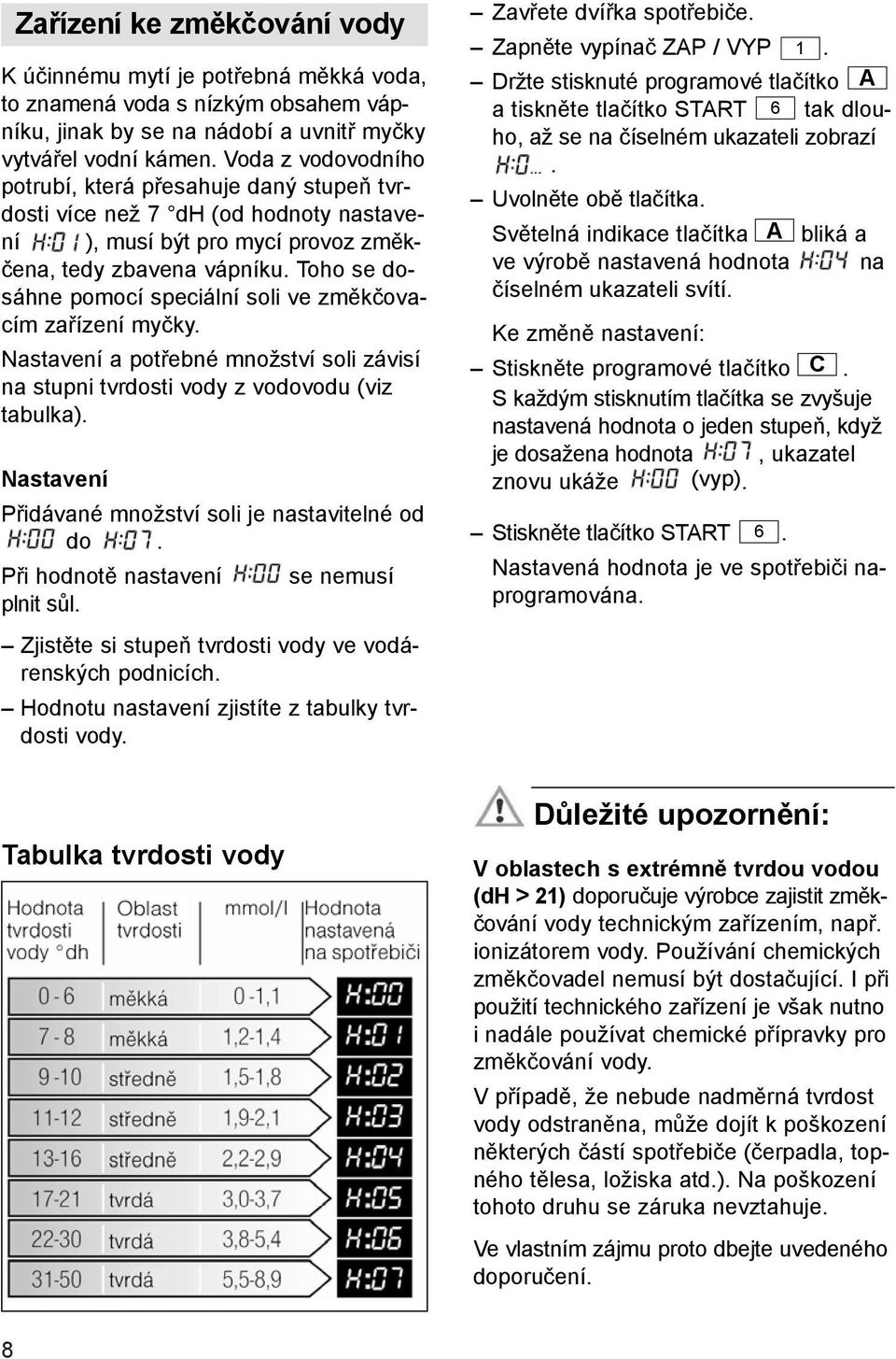 Toho se dosáhne pomocí speciální soli ve změkčovacím zařízení myčky. Nastavení a potřebné množství soli závisí na stupni tvrdosti vody z vodovodu (viz tabulka).