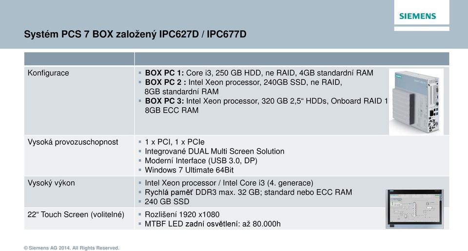 PCI, 1 x PCIe Integrované DUAL Multi Screen Solution Moderní Interface (USB 3.0, DP) Windows 7 Ultimate 64Bit Intel Xeon processor / Intel Core i3 (4.