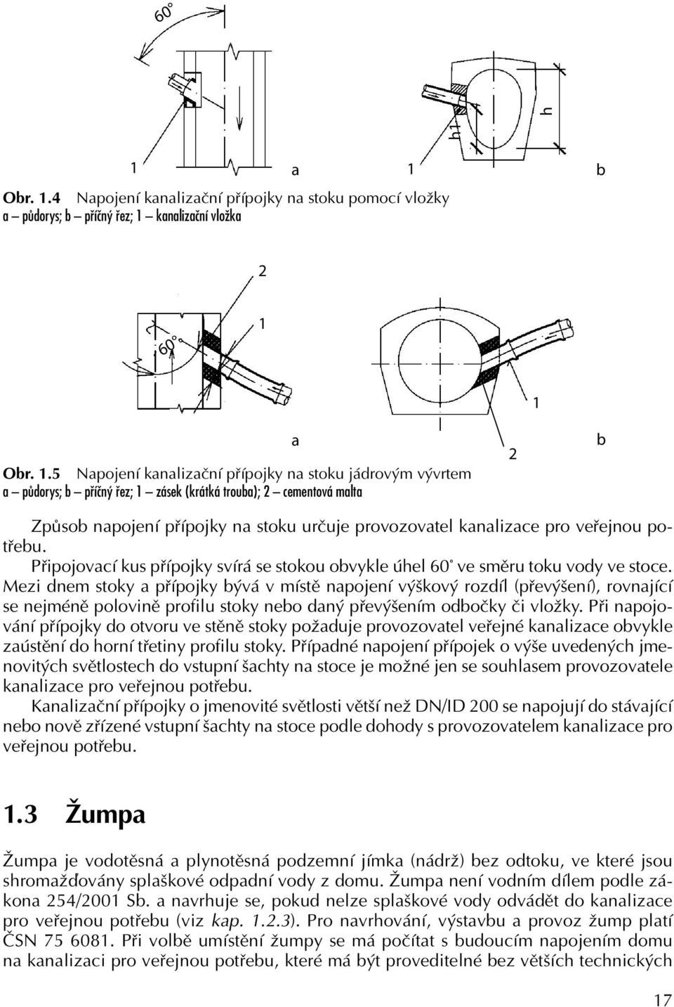 4 Napojení kanalizační přípojky na stoku pomocí vložky a půdorys; b příčný řez; 1 