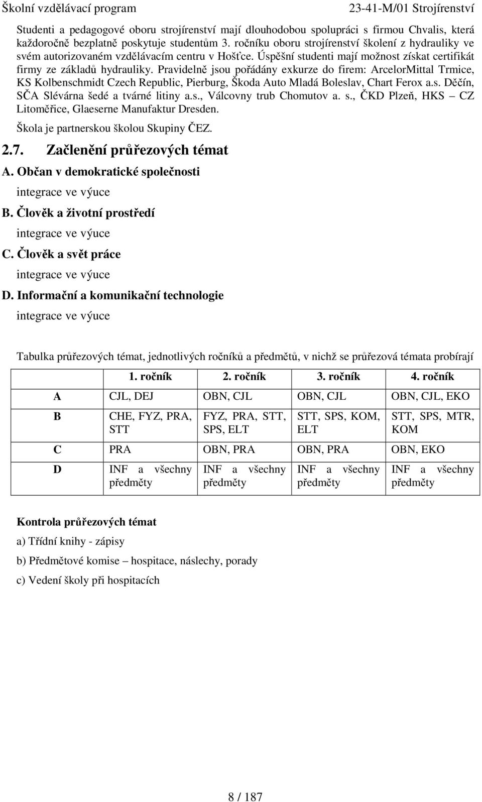 Pravidelně jsou pořádány exkurze do firem: ArcelorMittal Trmice, KS Kolbenschmidt Czech Republic, Pierburg, Škoda Auto Mladá Boleslav, Chart Ferox a.s. Děčín, SČA Slévárna šedé a tvárné litiny a.s., Válcovny trub Chomutov a.