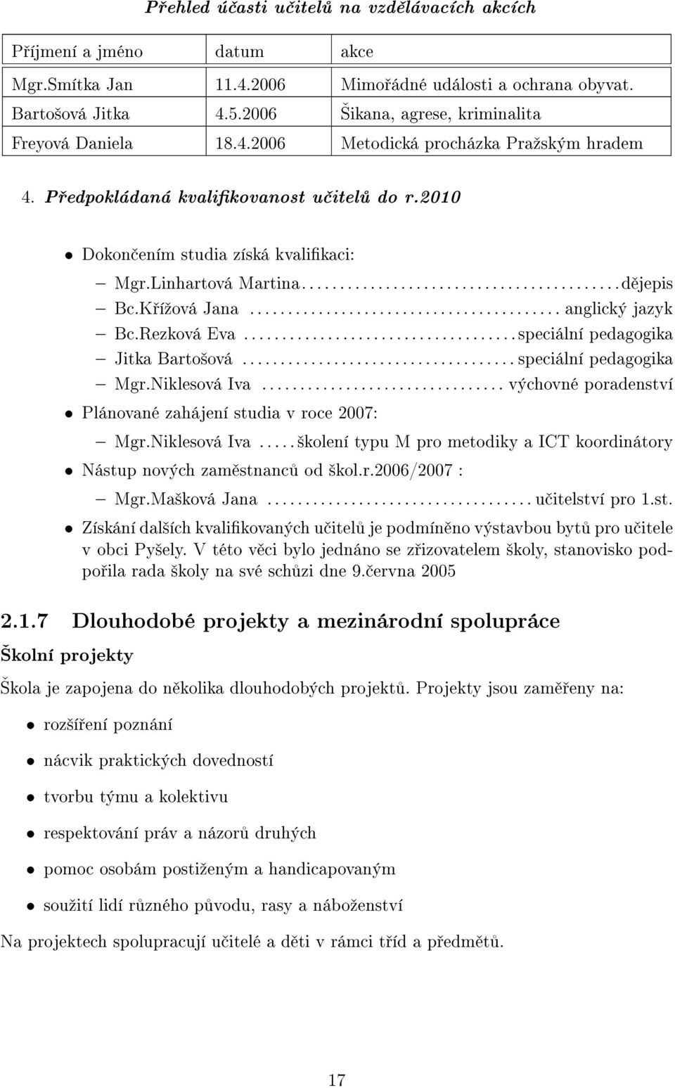 ..d jepis Bc.K íºová Jana... anglický jazyk Bc.Rezková Eva...speciální pedagogika Jitka Barto²ová... speciální pedagogika Mgr.Niklesová Iva.