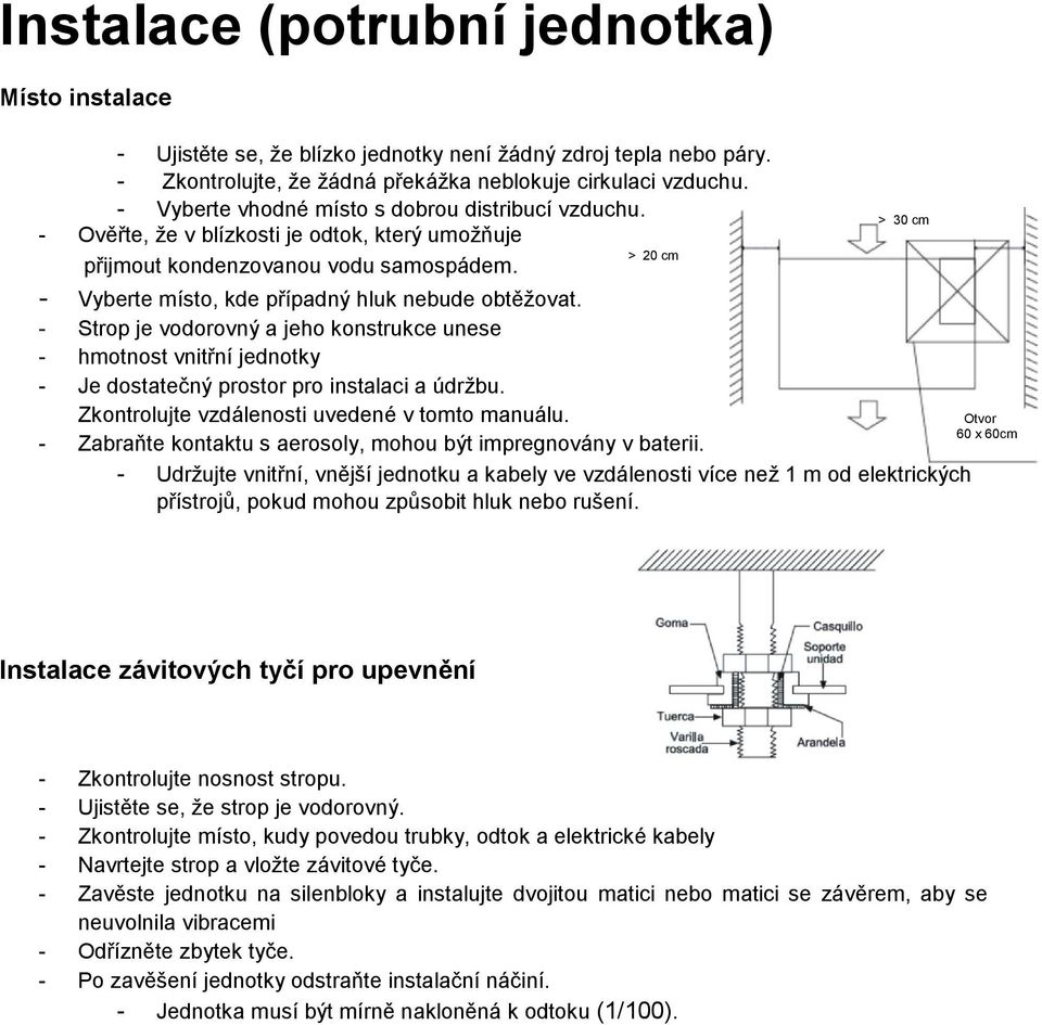 - Vyberte místo, kde případný hluk nebude obtěžovat. - Strop je vodorovný a jeho konstrukce unese - hmotnost vnitřní jednotky - Je dostatečný prostor pro instalaci a údržbu.