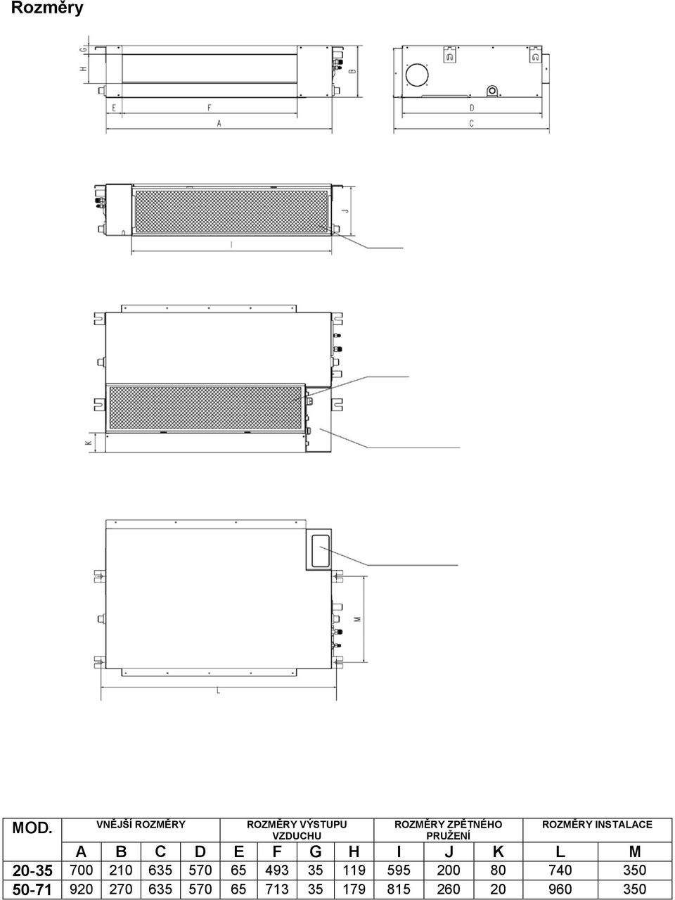 PRUŽENÍ ROZMĚRY INSTALACE A B C D E F G H I J K L M 20-35