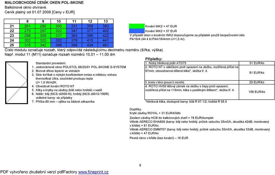 bezpečnostní sklo 24 302 320 352 379 415 441 P4/16/4 (44.4 kl.p4a/16/4mm U=1,0 Ar). 25 315 342 368 396 434 461 Např. modul 11 (M11) označuje rozsah rozměrů 10,01 11,00 dm Příplatky: 1.
