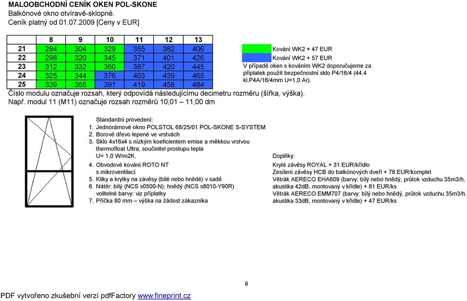 použít bezpečnostní sklo P4/16/4 (44.4 325 344 376 403 439 465 kl.p4a/16/4mm U=1,0 Ar). 25 339 365 391 419 458 484 Např. modul 11 (M11) označuje rozsah rozměrů 10,01 11,00 dm Doplňky: 4.