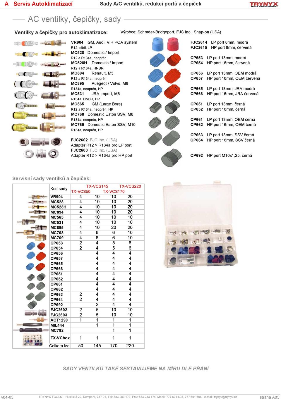 Import CP65 HP port 6mm, červená R2 a R3a, HNBR MC89 Renault, M5 CP656 LP port 3mm, OEM modrá R2 a R3a, neoprén CP657 HP port 6mm, OEM červená MC895 Puegeot / Volvo, M8 R3a, neoprén, HP CP665 LP port