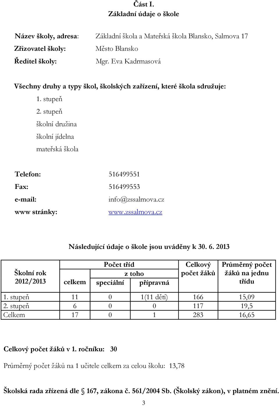 stupeň školní druţina školní jídelna mateřská škola Telefon: 516499551 Fax: 516499553 e-mail: info@zssalmova.cz www stránky: www.zssalmova.cz Následující údaje o škole jsou uváděny k 30. 6.