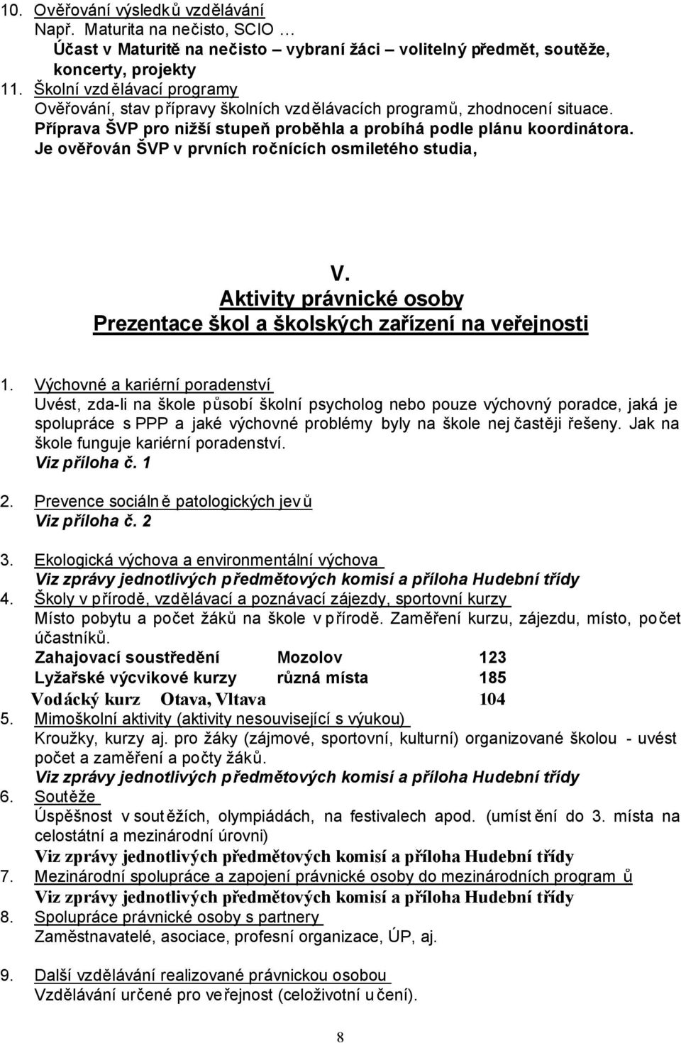 Je ov ován ŠVP v prvních ro nících osmiletého studia, V. Aktivity právnické osoby Prezentace škol a školských za ízení na ve ejnosti 1.