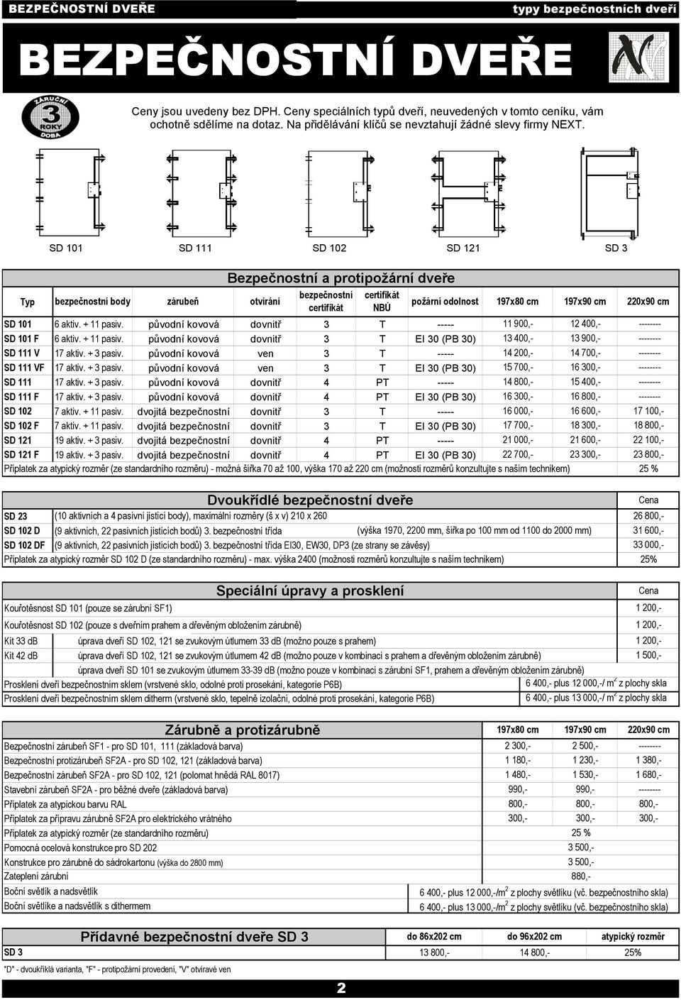 Typ SD 101 SD 111 SD 102 SD 121 SD 3 bezpečnostní body zárubeň Bezpečnostní a protipožární dveře otvírání bezpečnostní certifikát certifikát NBÚ požární odolnost 197x80 cm 197x90 cm 220x90 cm SD 101