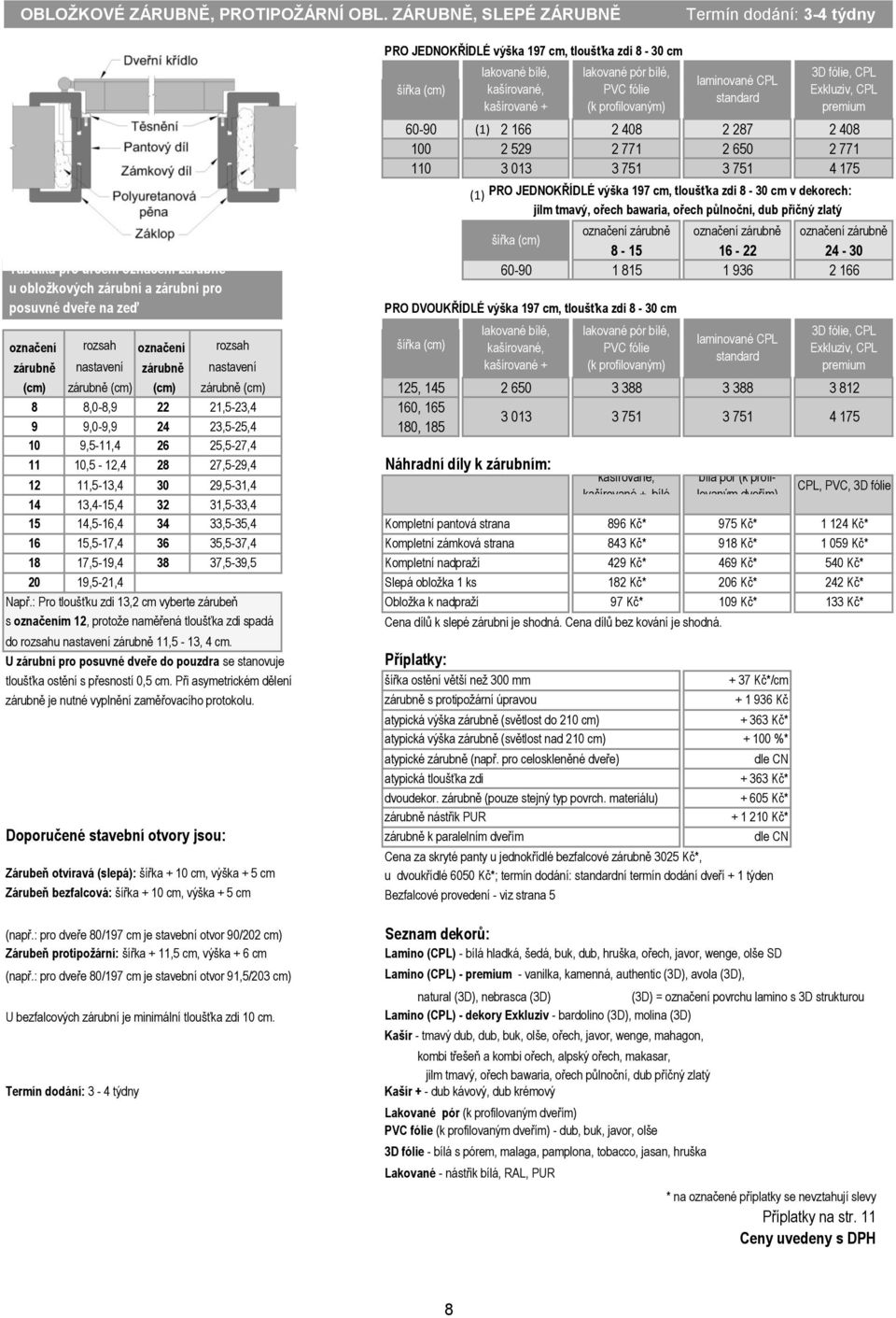 JEDNOKŘÍDLÉ výška 197 cm, tloušťka zdi 8 30 cm v dekorech: jilm tmavý, ořech bawaria, ořech půlnoční, dub příčný zlatý (cm) označení zárubně označení zárubně označení zárubně 8 15 16 22 24 30 Tabulka