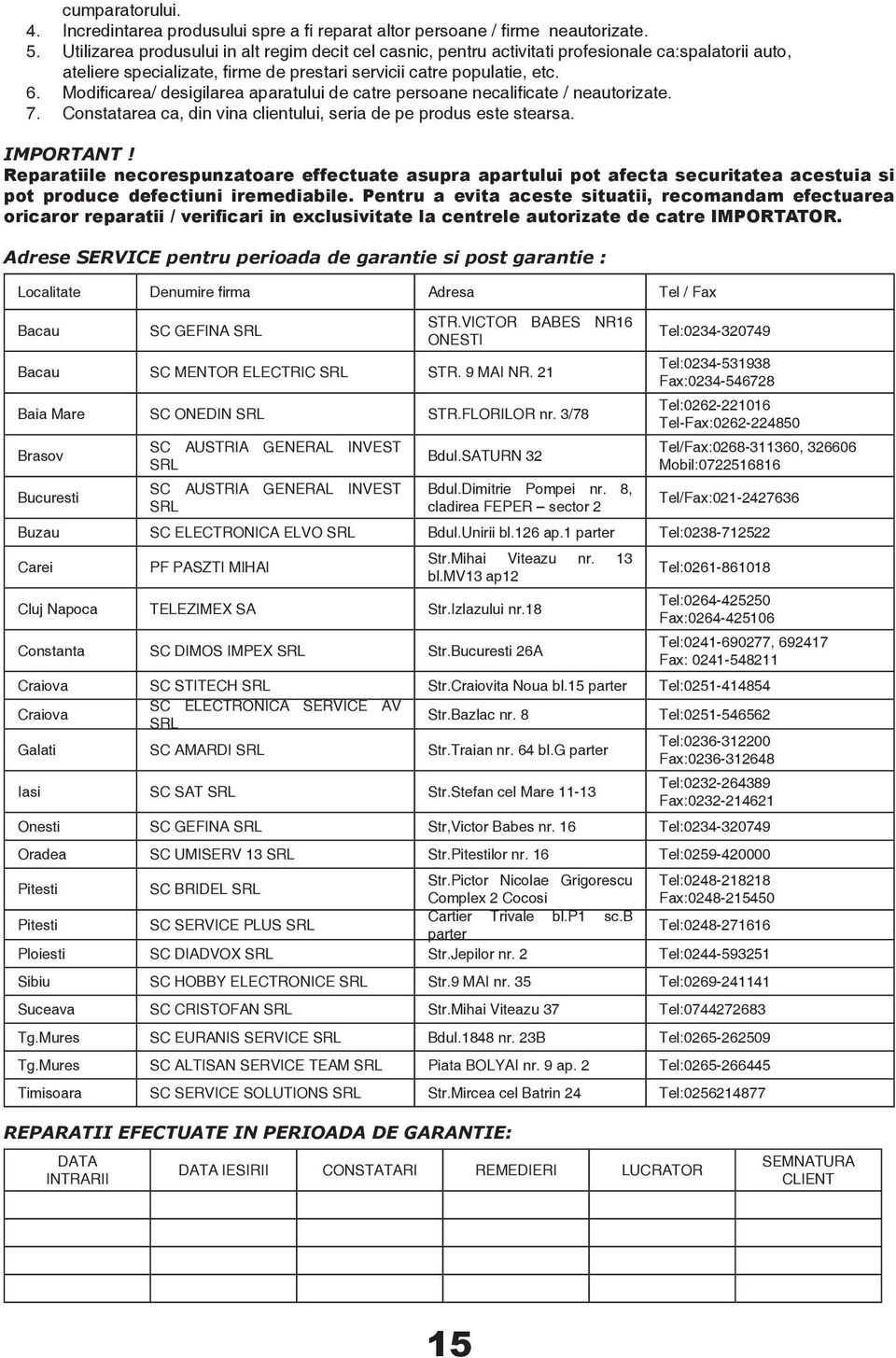 Modificarea/ desigilarea aparatului de catre persoane necalificate / neautorizate. 7. Constatarea ca, din vina clientului, seria de pe produs este stearsa. IMPORTANT!