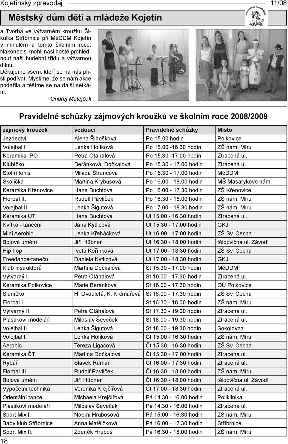 Ondřej Matějček Pravidelné schůzky zájmových kroužků ve školním roce 2008/2009 zájmový kroužek vedoucí Pravidelné schůzky Místo Jezdectví Alena Řihošková Po 15.