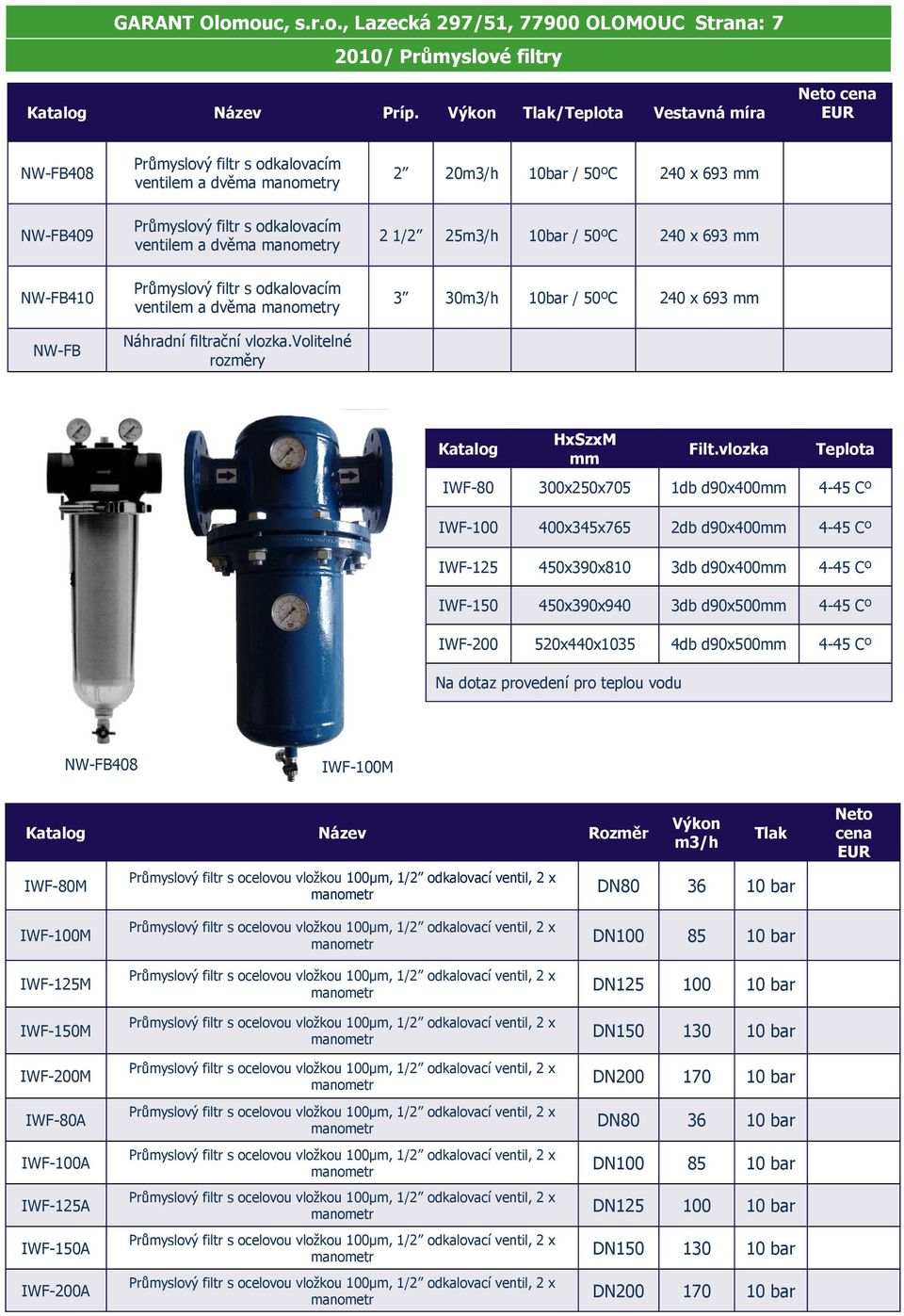 s odkalovacím ventilem a dvěma manometry Náhradní filtrační vlozka.volitelné rozměry 2 20 10bar / 50ºC 240 x 693 mm 2 1/2 25 10bar / 50ºC 240 x 693 mm 3 30 10bar / 50ºC 240 x 693 mm HxSzxM mm Filt.