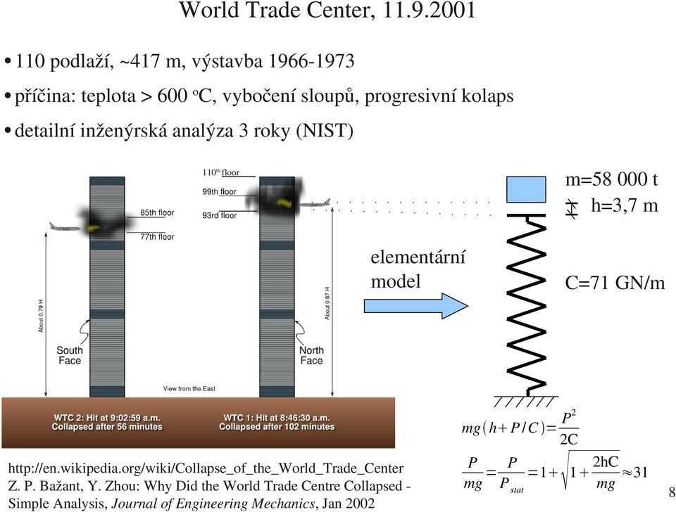 inženýrská analýza 3 roky (NIST) 110 th floor m=58 000 t h=3,7 m elementární model C=71 GN/m http://en.wikipedia.