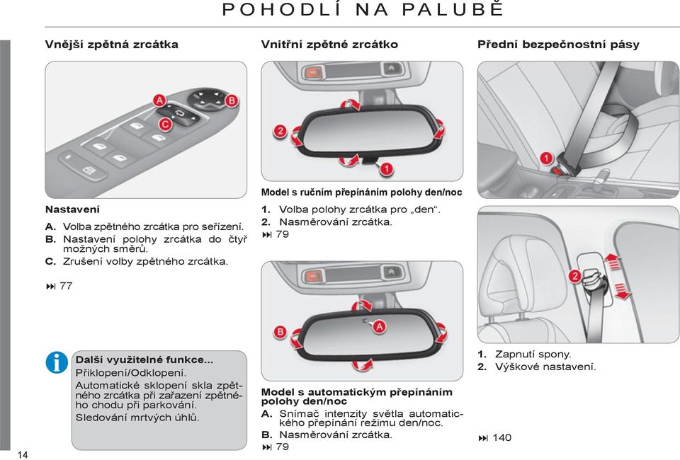 Nasměrování zrcátka. 79 77 14 Další využitelné funkce... Přiklopení/Odklopení. Automatické sklopení skla zpětného zrcátka při zařazení zpětného chodu při parkování.