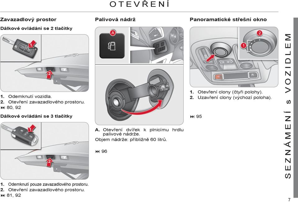 Odemknutí pouze zavazadlového prostoru. 2. Otevření zavazadlového prostoru. 81, 92 A.