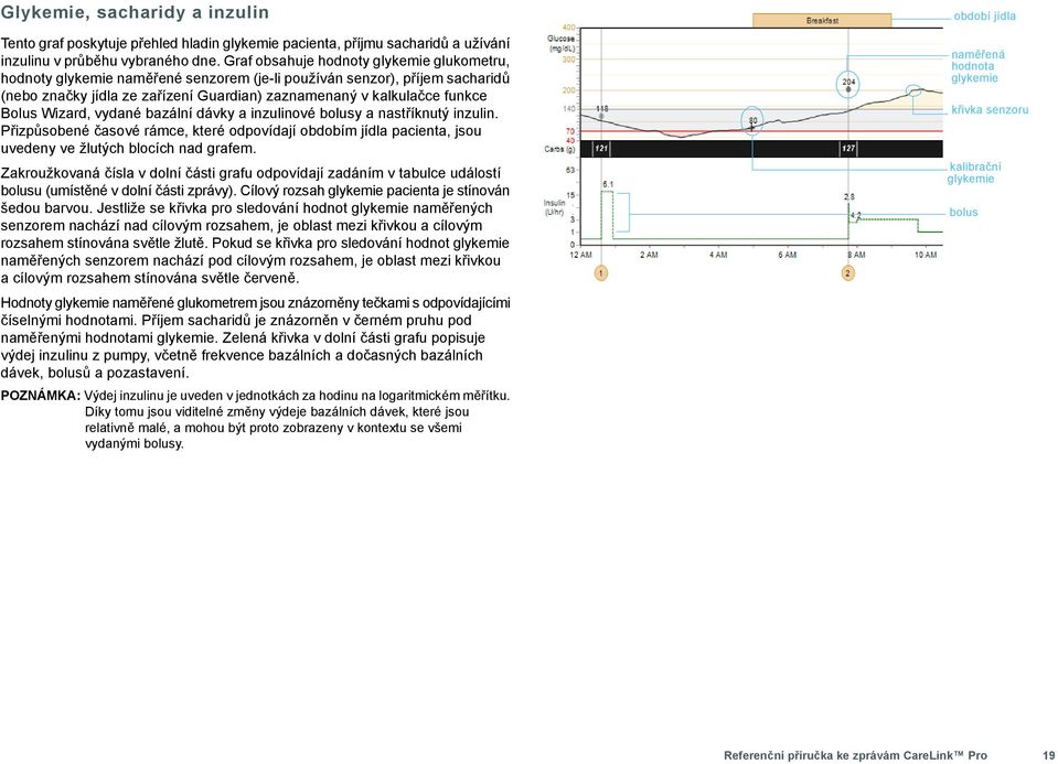 Wizard, vydané bazální dávky a inzulinové bolusy a nastříknutý inzulin. Přizpůsobené časové rámce, které odpovídají obdobím jídla pacienta, jsou uvedeny ve žlutých blocích nad grafem.