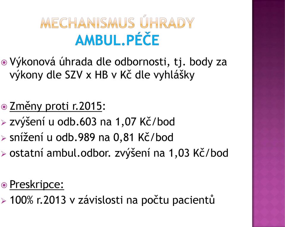 2015: zvýšení u odb.603 na 1,07 Kč/bod snížení u odb.