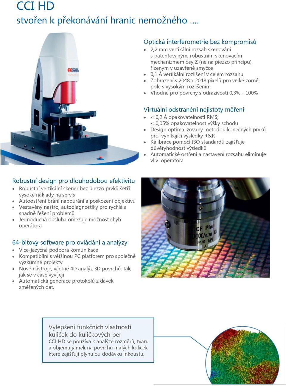 rozlišení v celém rozsahu Zobrazení s 2048 x 2048 pixelů pro velké zorné pole s vysokým rozlišením Vhodné pro povrchy s odrazivostí 0,3% - 100% Virtuální odstranění nejistoty měření < 0,2 Å
