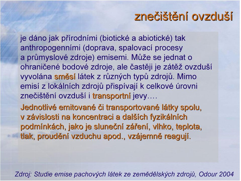 Mimo emisí z lokálních zdrojů přispívají k celkové úrovni znečištění ovzduší i transportní jevy.