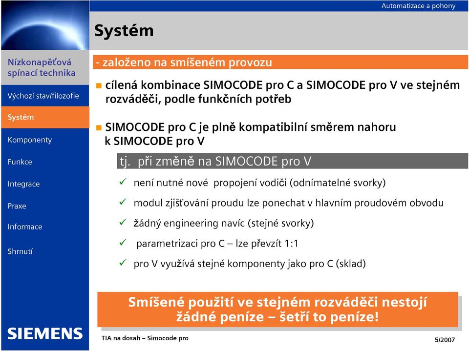 při změně na SIMOCODE pro V $ není nutné nové propojení vodiči(odnímatelnésvorky) $ modul zjišťování proudu lze ponechat v hlavním