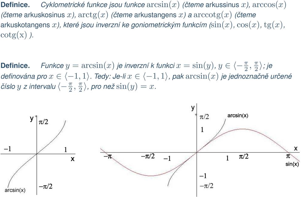 arkustangens x) a arccotg(x) (čteme arkuskotangens x), které jsou inverzní ke goniometrickým funkcím (sin(x), cos(x),