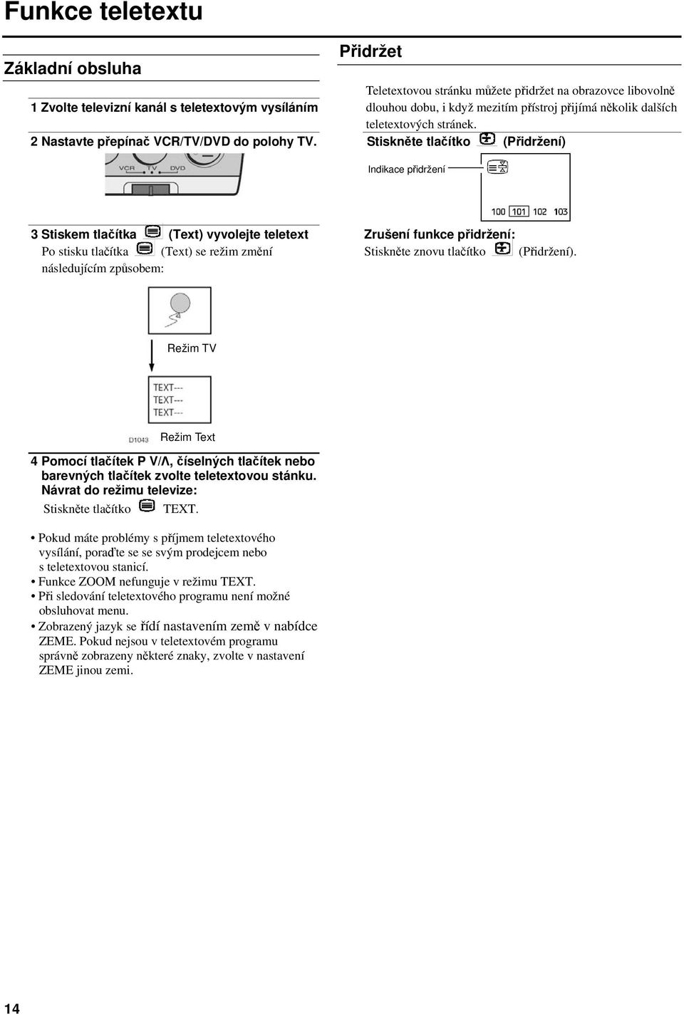 Stiskněte tlačítko (Přidržení) Indikace přidržení 3 Stiskem tlačítka (Text) vyvolejte teletext Po stisku tlačítka (Text) se režim změní následujícím způsobem: Zrušení funkce přidržení: Stiskněte