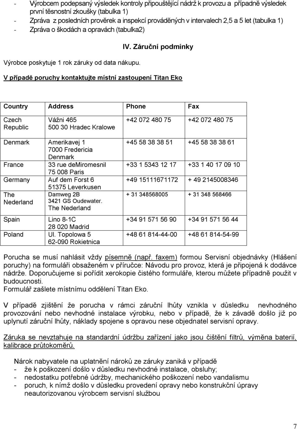 Záruční podmínky V případĕ poruchy kontaktujte místní zastoupení Titan Eko Country Address Phone Fax Czech Republic Vážni 465 500 30 Hradec Kralowe +42 072 480 75 +42 072 480 75 Denmark Amerikavej 1