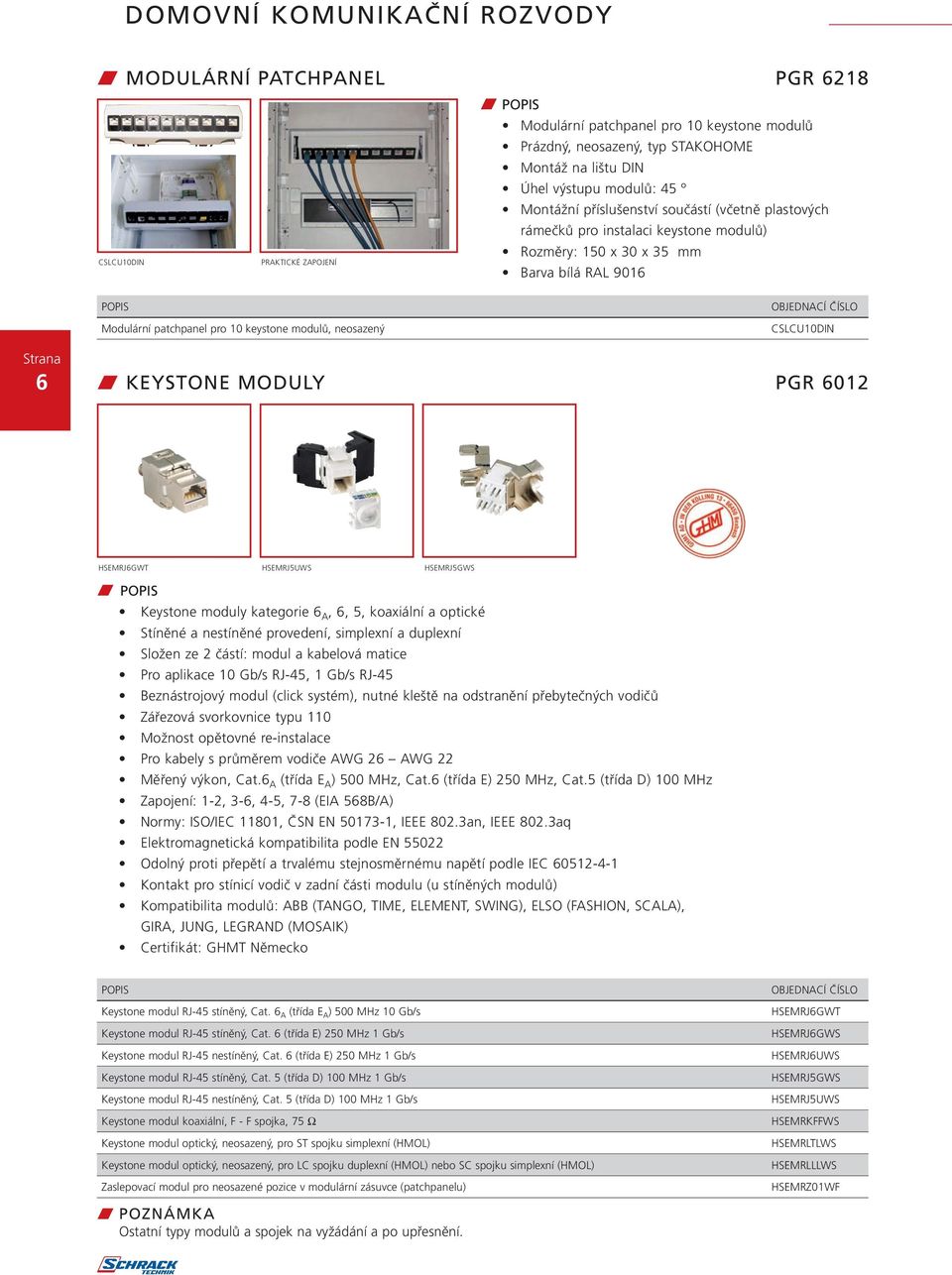 KEYSTONE MODULY PGR 6012 HSEMRJ6GWT HSEMRJ5UWS HSEMRJ5GWS w Keystone moduly kategorie 6 A, 6, 5, koaxiální a optické Stíněné a nestíněné provedení, simplexní a duplexní Složen ze 2 částí: modul a