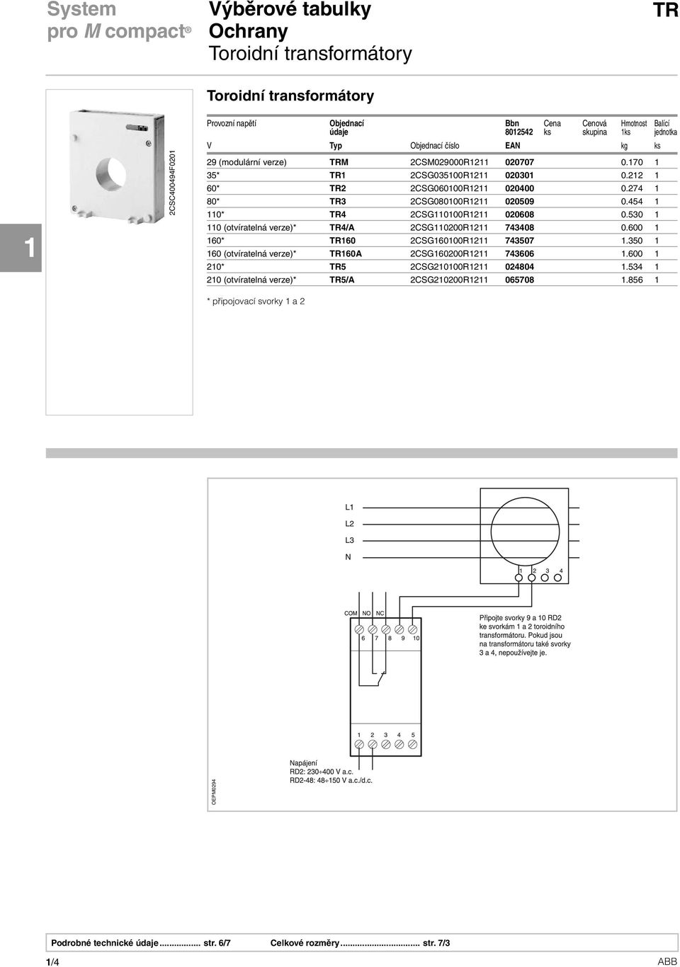 454 1 110* TR4 2CSG110100R1211 020608 0.530 1 110 (otvíratelná verze)* TR4/A 2CSG110200R1211 743408 0.600 1 160* TR160 2CSG160100R1211 743507 1.