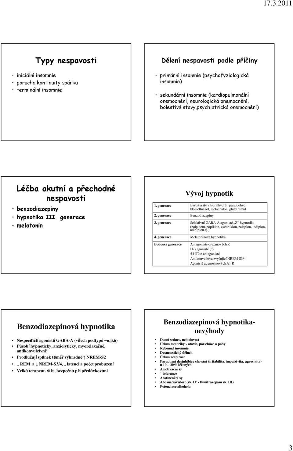 generace Barbituráty, chloralhydrát, paraldehyd, klomethiazol, metachalon, glutethimid 2. generace Benzodiazepiny 3.