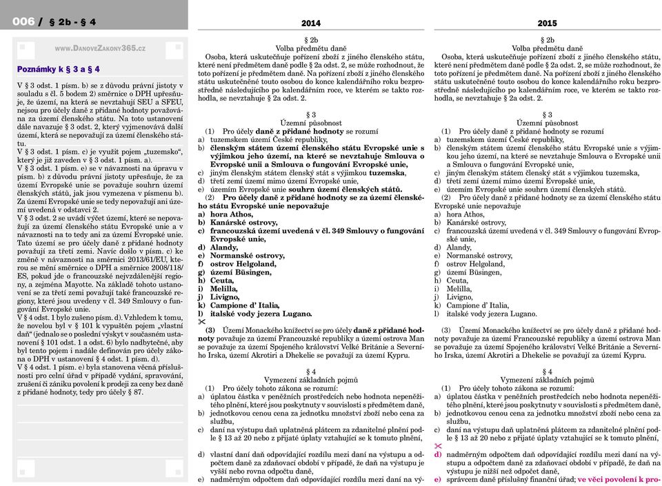 2, který vyjmenovává další území, která se nepovažují za území členského státu. V 3 odst. 1 písm. c) je využit pojem tuzemsko, který je již zaveden v 3 odst. 1 písm. a). V 3 odst. 1 písm. e) se v návaznosti na úpravu v písm.