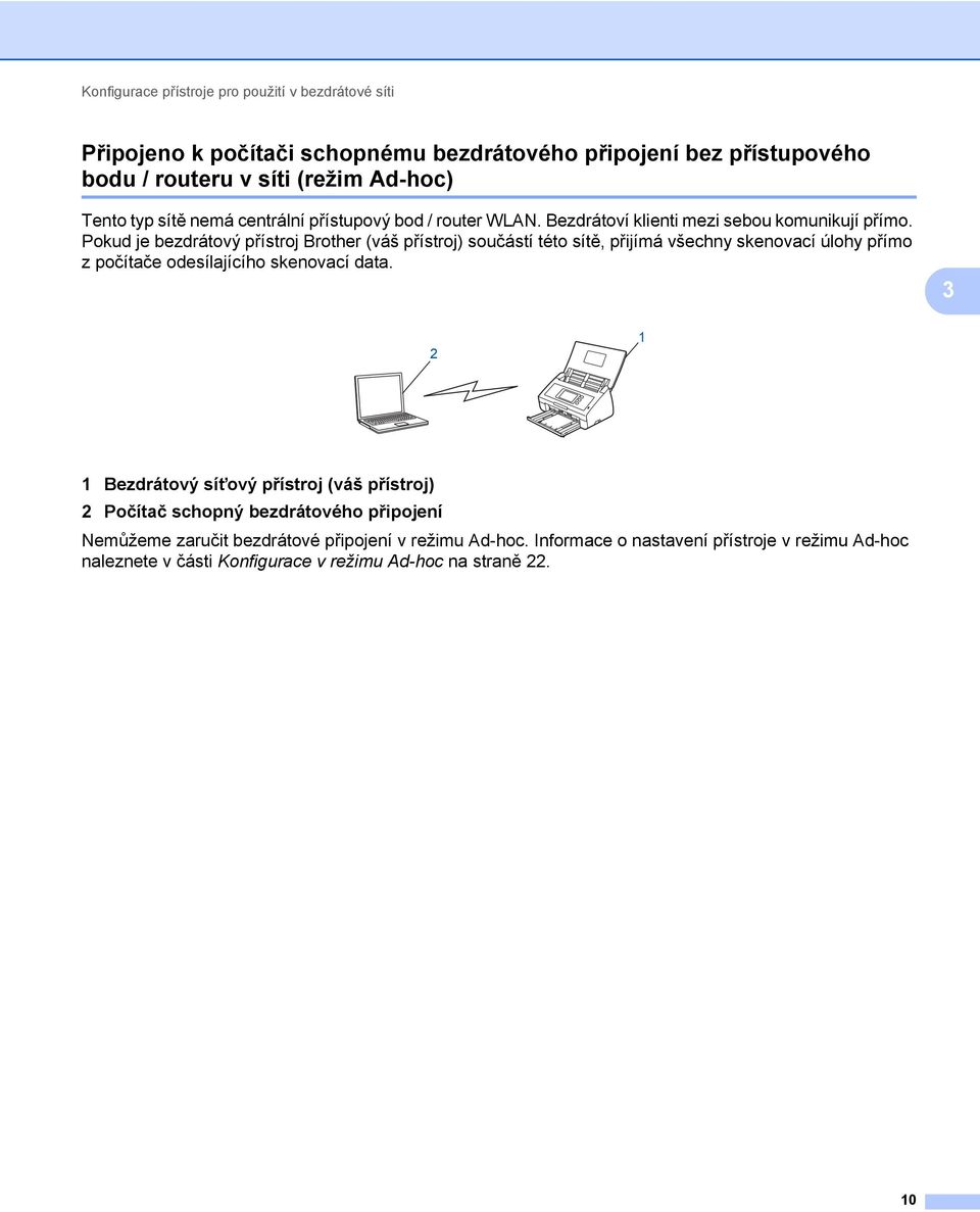 Pokud je bezdrátový přístroj Brother (váš přístroj) součástí této sítě, přijímá všechny skenovací úlohy přímo z počítače odesílajícího skenovací data.